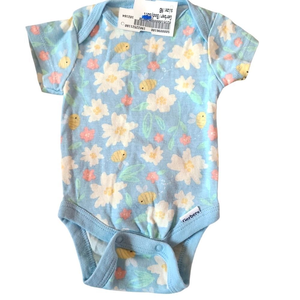 Gerber Onesie Bodysuit Floral Short-Sleeved Light Blue Floral Size Newborn‎